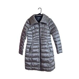 Bernardo Puffer Coat Womens Size S Gray Long Quilted Mock Neck Full Zip